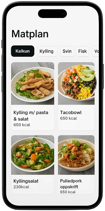Appen viser matplan med retter som kylling med pasta, tacobowl og kyllingsalat