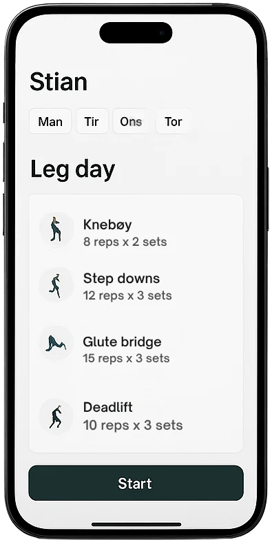 Appen viser treningsøkten Leg day med knebøy, step downs, glute bridge og markløft